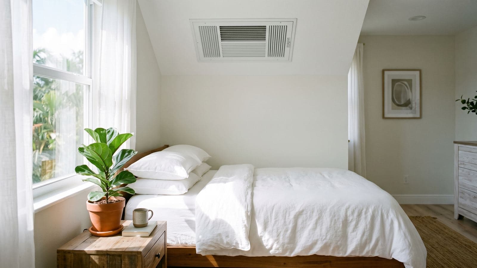 Bright, clean South Florida bedroom with a ceiling air supply vent and morning light
