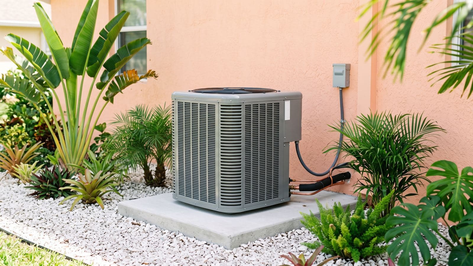 Modern high-efficiency air conditioning condenser installed in a South Florida yard