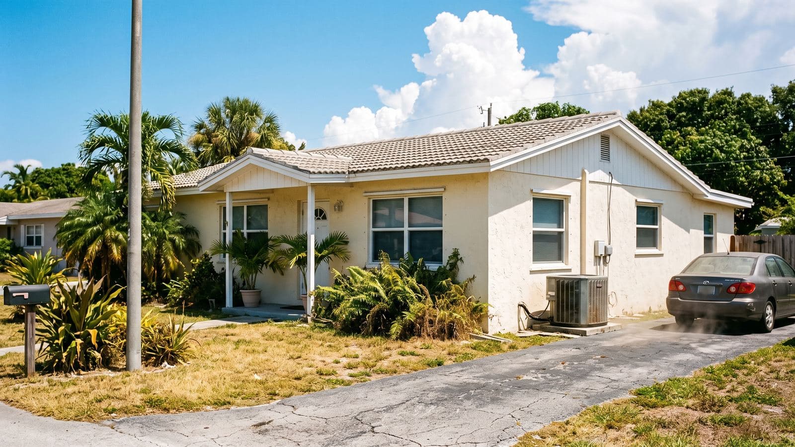 South Florida home exterior on a blazing hot summer afternoon with heat haze