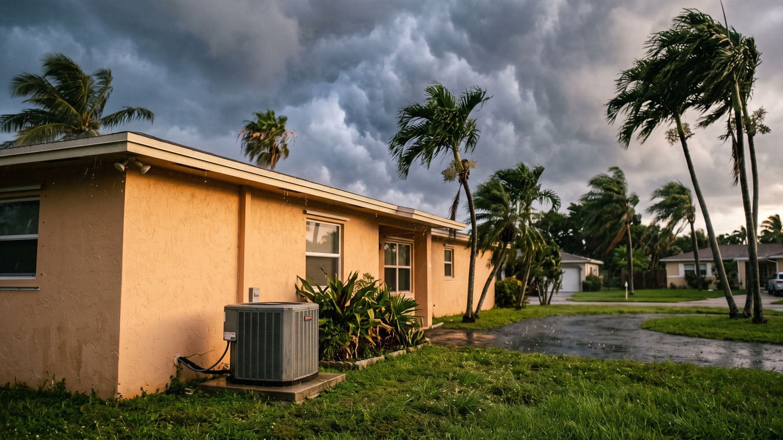 South Florida home with an outdoor AC condenser as storm clouds gather overhead