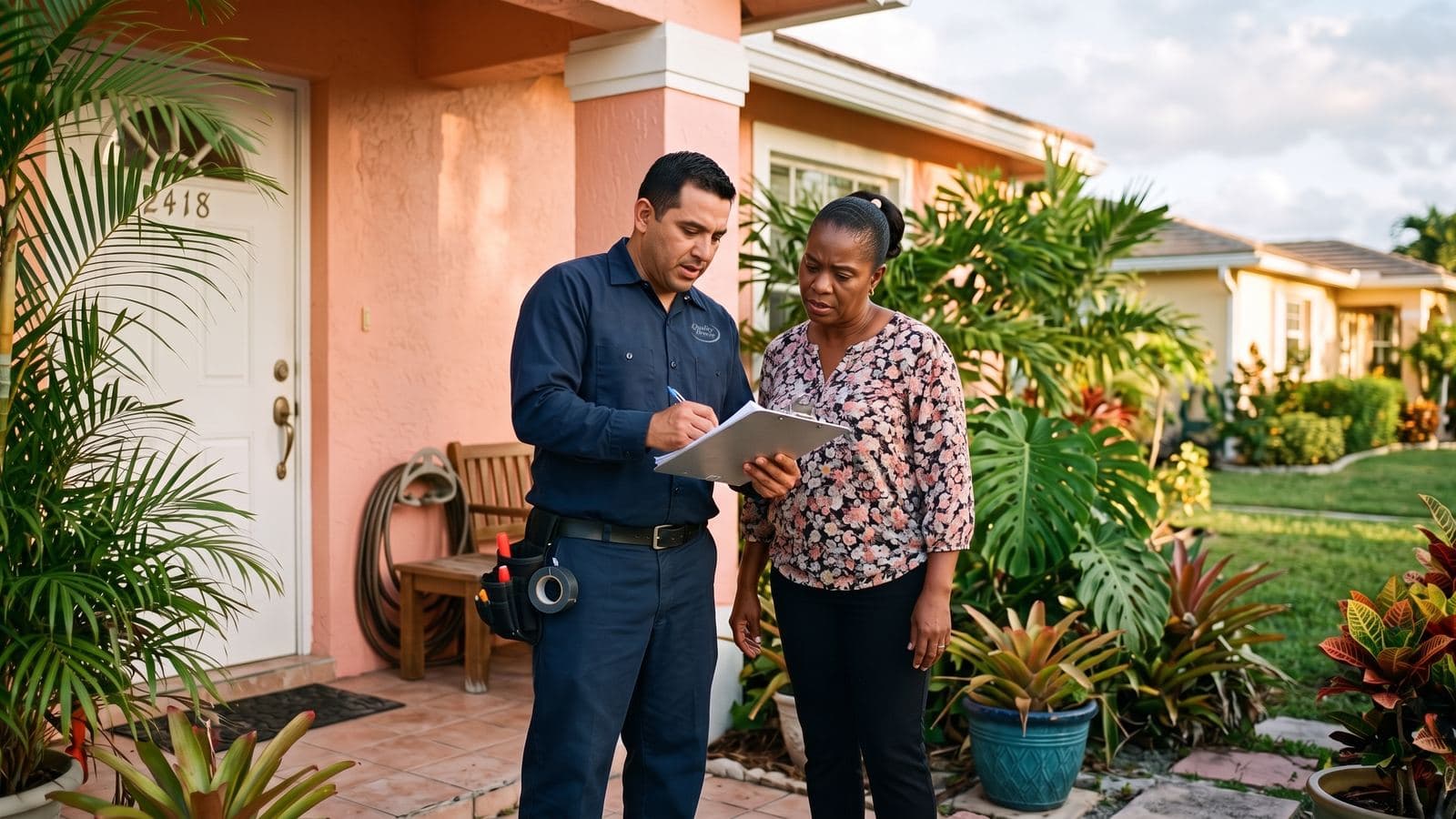 HVAC technician reviewing permit paperwork with a homeowner outside a South Florida home