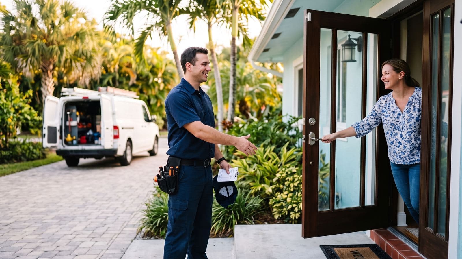 HVAC technician greeting a homeowner at the front door of a South Florida house