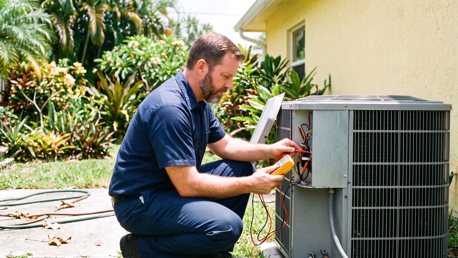 HVAC technician servicing an outdoor AC condenser in a sunny South Florida backyard