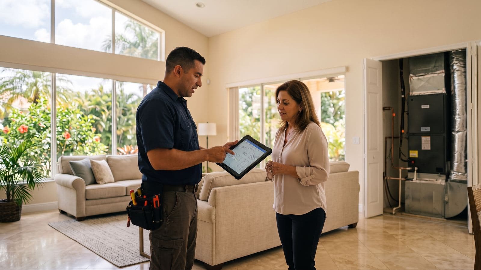 HVAC technician taking measurements with a tablet in a bright Miami living room