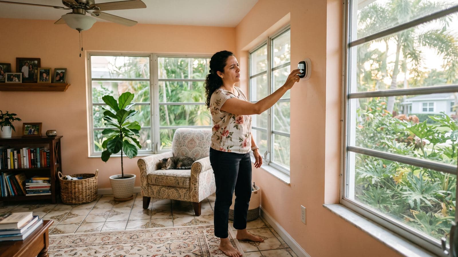 Homeowner adjusting a wall thermostat in a bright South Florida living room